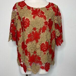 Chico's Sz 1P US M 8-10 Red Statement Lace Tunic Top Lined Short Sleeve Blouse